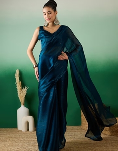KV Indian Women Teal Stripes Saree - Product Image 5