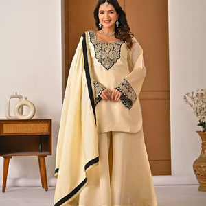 Conjunto de Salwar Kameez de Moda Pakistaní Moderna con Dupatta para Bodas y Diwali, Tela de Seda Romana Pesada para Vestimenta Festiva - Product Image 1