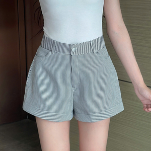 2024 femmes automne décontracté mode rayure taille haute fermeture éclair Shorts Vintage femme pantalons courts Mujer élégant à la mode - Product Image 1