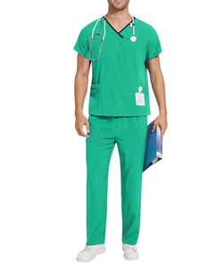 Conjunto de uniforme médico para hombre de color liso con cuello en V – Camiseta de manga corta con bolsillos y pantalones con cintura elástica, dos piezas - Product Image 1