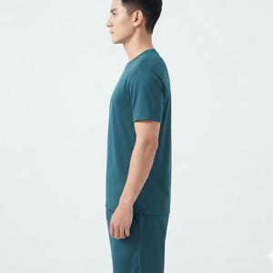 Ensemble T-shirt et short décontracté en coton bleu sarcelle uni pour homme, col rond, manches courtes, respirant, tenue d'été – Fabricant OEM - Product Image 2