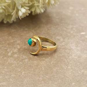 Celestial Turquoise Crescent Moon <b>Ring</b> 14K Gold Plated Brass <b>Adjustable</b> Unisex Bezel Set Boho & Hippie Daily Wear Jewelry - Product Image 3
