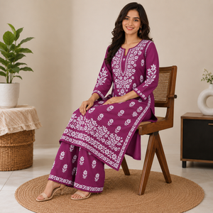 Modern Women Purple <b>Chikankari</b> Hand Embroidered Straight Kurti with Matching Palazzo Set Ethnic Floral Suit - Product Image 3