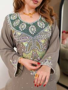 Women's Modest <b>Kaftan</b> Maxi Dress High Neck Embroidered Solid Georgette Plus Size Loose Fit Long Sleeve <b>Summer</b> Wedding Eid India - Product Image 2