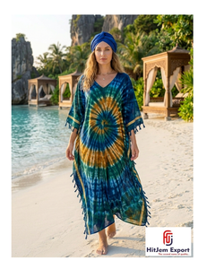 Vestido Kaftán Boho Tie Dye Personalizado para Mujer, Cuello en V, Largo hasta el Suelo, Traje de Playa, Ropa de Verano para Resort, Fabricante y Proveedor OEM ODM - Product Image 1
