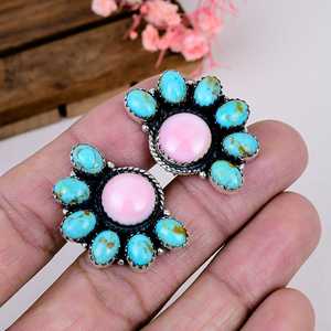 Kingman Turquoise Pink Conch Sterling <b>Silver</b> <b>Stud</b> <b>Earrings</b> Boho Gemstone Jewelry Gift for Her - Product Image 5