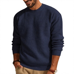 Pull à col rond en tricot gaufré 100% coton bleu marine pour homme, manches longues, couleur unie, vêtement d'hiver, coupe classique, sweat-shirt - Product Image 2