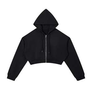Sweat à capuche court zippé noir pour femme, en jersey imprimé, style streetwear décontracté, idéal pour l'hiver et la superposition - Product Image 1