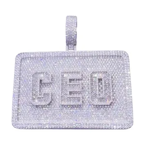 Custom Letters VVS Moissanite Rectangle <b>Pendant</b> <b>Solid</b> Sterling Silver Hip Hop Initial Picture Charm Iced Out Letter Necklace - Product Image 3