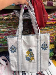 Cotton White Handblock Print Bohemian Style Indian Big Size Tote Bag From Rajasthan - Product Image 2