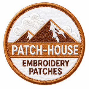 Patchs brodés thermocollants Patch-House, design circulaire avec logo montagne, pour vêtements - Product Image 1