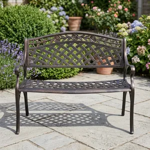 Banc de jardin vintage en fonte avec dossier en treillis rose, accoudoirs incurvés et design durable pour l'extérieur - Product Image 6