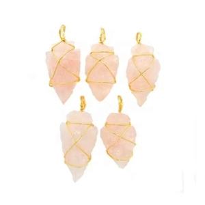 Women's Handmade <b>Rose</b> <b>Quartz</b> Pendant <b>Necklace</b> Fashion <b>Crystal</b> Gemstone with Golden Wire Wrapped Arrowhead Mascot Style Jewelry - Product Image 1