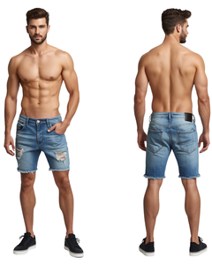 Shorts Bermuda en jean déchiré pour homme, taille mi-haute, fermeture boutonnée, style décontracté, design déchiré, tissu 100% coton tissé - Product Image 2
