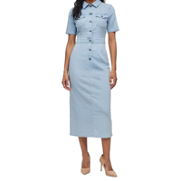 Robe Courte en Jean Bleu Clair à Col Rabattu et Boutons, Manches Longues, Coupe Fourreau Décontractée pour Femme, Couleur Unie, Respirante, Lavée, Idéale pour l'Été