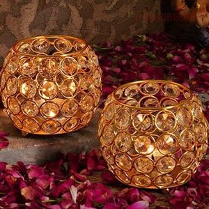 Ensemble de 2 porte-bougies en cristal doré de luxe, porte-bougies votifs ronds en métal avec perles de cristal taillées en diamant pour mariage - Product Image 5