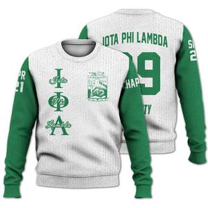 Veste universitaire personnalisée Iota Phi Lambda en blanc mélangé vert émeraude, pull tricoté de la sororité Iota Phi Lambda - Product Image 3