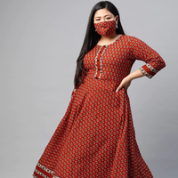 Kurta Anarkali en coton marron à motifs floraux pour femmes grandes tailles, col rond, manches trois quarts, tenue confortable pour tous les jours