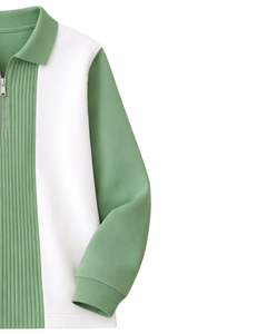 Sudadera Polo de Manga Larga para Hombre, Color Verde Salvia y Blanco, con Cierre de Cremallera, Paneles Acanalados, Estilo Casual, de Forro Polar, para Uso Diario - Product Image 4