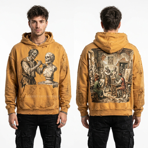 Sweat-shirt à capuche pour homme gris délavé à l'acide, motif squelette horloger, vintage, oversize, graphique steampunk, effet usé, streetwear, en gros - Product Image 6