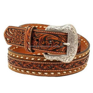 Cinturón de herramientas occidental de aspecto antiguo Vintage, cinturón marrón en relieve rosa con hebilla cromada extraíble, hecho en India, venta al por mayor - Product Image 1