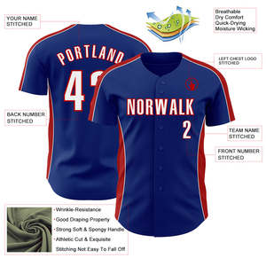 Maillot de baseball personnalisé bleu et rouge avec nom et numéro de l'équipe, impression sublimée, manches courtes, boutons sur le devant, vêtements pour hommes adultes - Product Image 3