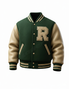 Blouson Bomber Unisexe Personnalisable Lettre R Vert & Beige Style Letterman avec Patch Chenille Logo Avant Imperméable pour Branding d'Équipes - Product Image 1