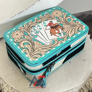 Premium Turquoise <b>Leather</b> Hand <b>Tooled</b> Cowhide Fur <b>Leather</b> Jewelry Cases Poker Design Stylish Rings & Necklace Holder Jewelry Box - Product Image 1