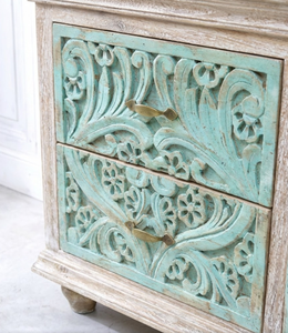 Cómoda de madera maciza india turquesa con acabado natural, hecha a mano, tallada, estilo oriental, para TV, uso en hogar, oficina o dormitorio, OEM - Product Image 3