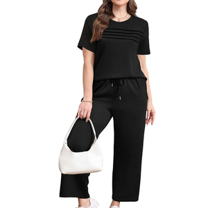 Women Premium Two Piece Set Loose Fit T Shirt <b>Drawstring</b> Pants Casual Lounge Wear Custom Logo - Product Image 3