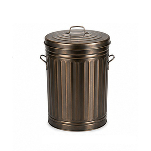Gold Metal Cylindrical Waste <b>Bin</b> With <b>Lid</b> Indoor Outdoor Household Garbage Container Classic Style - Product Image 6
