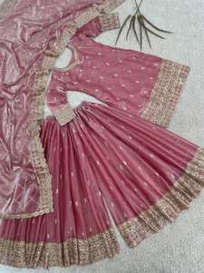 ชุดการาร่าสีชมพูสวยงามสำหรับงานปาร์ตี้สไตล์บอลลีวูด พร้อมผ้าคลุมชาราร่า ผ้าจอร์เจตต์เนื้อหนาแบบอินเดีย-ปากีสถาน แห้งเร็ว ป้องกันแสงแดด - Product Image 5