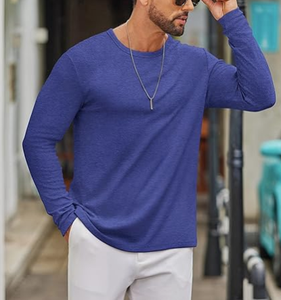 Chemise décontractée tricotée à manches longues pour homme, bleue, couleur unie, respirante, col en V, manches longues, pour le printemps, col rond décontracté pour homme - Product Image 1