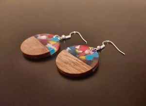Handmade Round <b>Resin</b> Wood Earrings Multicolor Pattern Dangle Jewelry Crafted with Epoxy <b>Resin</b> and Natural Wood <b>Resin</b> <b>Crafts</b> - Product Image 6