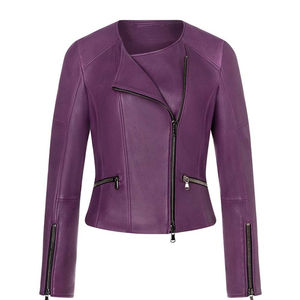 Purple PU Leather Moto Biker Jacket Women's Full Sleeve <b>Zipper</b> Closure O-Neck Solid Color Autumn Style - Product Image 1