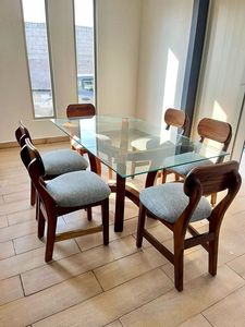 Modern Glass <b>Top</b> Dining <b>Table</b> Set <b>Solid</b> Teak <b>Wood</b> Chair Furniture Manufacturer Indonesia - Product Image 2