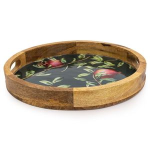 Plateau en bois émaillé de style nordique, esthétique, motif grenade et floral, plateau de service rond en bois, plateau décoratif pour la vanité et la cuisine - Product Image 1