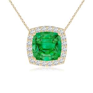 14K Gold Vintage Inspired 7MM Cushion Cut 1.45Ctw Natural Green <b>Emerald</b> Precious Gemstone <b>Pendant</b> With Halo Diamond Fine Jewelry - Product Image 1