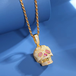 จี้หัวกะโหลกโมอิสซาไนต์ชุบทองคำขาว ประดับเพชร ตาสีชมพู สร้อยคอแบบ Iced Out พร้อมใบรับรอง GRA สำหรับผู้ชายและผู้หญิง สไตล์ฮิปฮอป - Product Image 3