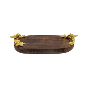 Eco-Friendly Wood Serving <b>Tray</b> With Golden Leaf Branch Design Decorative Handles <b>Snack</b> & Dessert Platter For Home And Gifting - Product Image 5