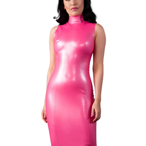 Robe moulante rose en similicuir PU sans manches, col montant, longueur genou, fendue, ajustée, pour soirée, couleur unie, style sexy - Product Image 2