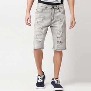 Shorts Bermuda en jean déchiré gris clair pour homme, taille mi-haute, fermeture éclair, décontracté, en coton tissé respirant, coupe ajustée, anti-UV, séchage rapide - Product Image 1