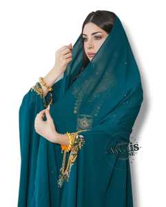 Awais House Women's Spring Ethnic Teal Embroidered <b>Kaftan</b> Floor Length Long Sleeve Solid Elegant Wedding Party <b>Plus</b> <b>Size</b> Dress - Product Image 3