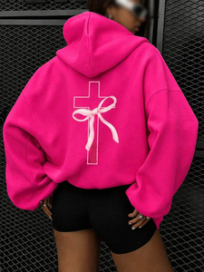 Custom Women Hoodies Hot Pink Oversized Cotton Fleece <b>Drop</b> Shoulder Bow Cross <b>Back</b> Graphic Pullover Private Label Factory Direct - Product Image 6