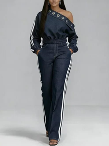 Conjunto de un solo hombro con adornos de ojales en azul denim - Product Image 3