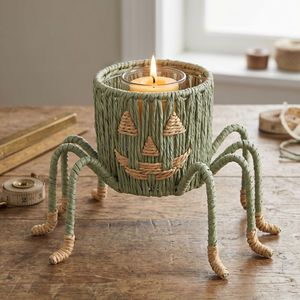 Viettimecraft Straw Halloween Spider Candle Holder, Handmade Black Orange Decorative Craft Party Decoration - Product Image 2