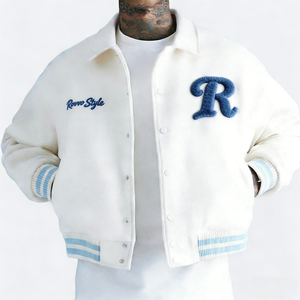 Men’s Heavyweight Melton Wool Varsity <b>Jacket</b> with Premium Faux <b>Leather</b> Sleeves – Boxy <b>Retro</b> Letterman Style - Product Image 1