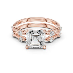 แหวนหมั้นเพชรทรง Asscher และทรงกลมเจียระไนแบบ Prong Setting คุณภาพเยี่ยม ผลิตจากเพชรที่เพาะเลี้ยงในห้องปฏิบัติการ มีจำหน่ายในทองคำโรสโกลด์ 14K ในราคาขายส่ง - Product Image 1