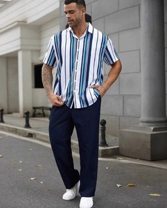 Conjunto de Camisa de Manga Corta a Rayas y Pantalones Amarillos para Hombre, Atuendo Casual de Verano, Cuello Camisero, Traje de Dos Piezas con Patrón Tejido - Product Image 5