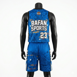 Ensemble maillot et short de basketball pour homme, respirant, en polyester mesh bleu, avec design graphique et logo personnalisé par sublimation. - Product Image 6